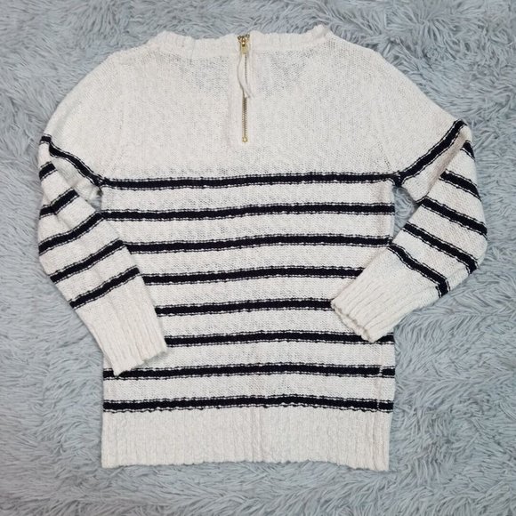 H & M Womens Sweater White Small Stripes Zip Back Cotton Round Neck - Picture 2 of 12